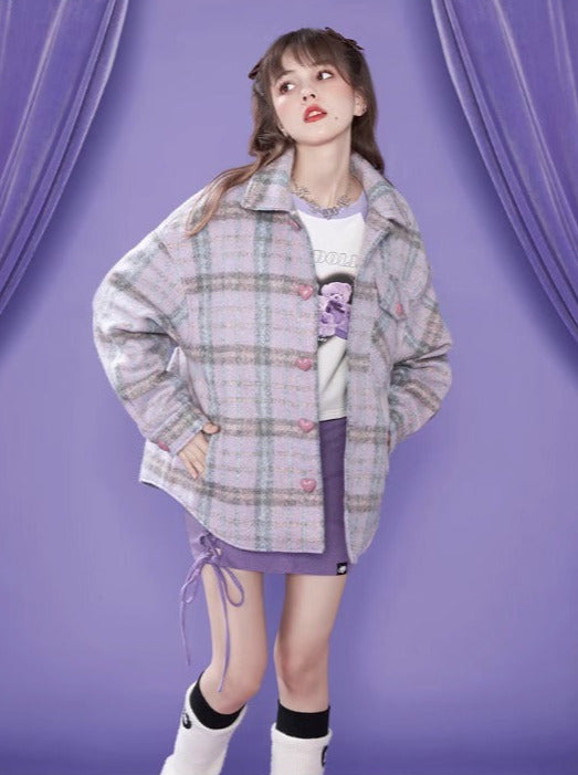 Purple Check Shirt Style Loose Coat