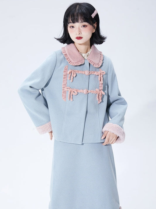 Blue Powder Lace Ribbon Wool Coat