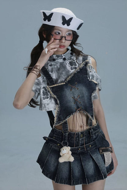 Y2Kスターデニムオーバーオールスカート+インナートップス