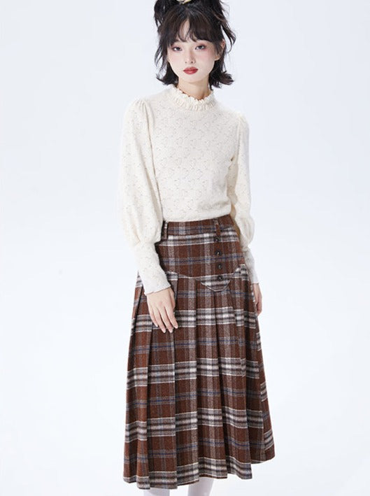 Red Check Asymmetrical Button Retro Wool Middle Skirt