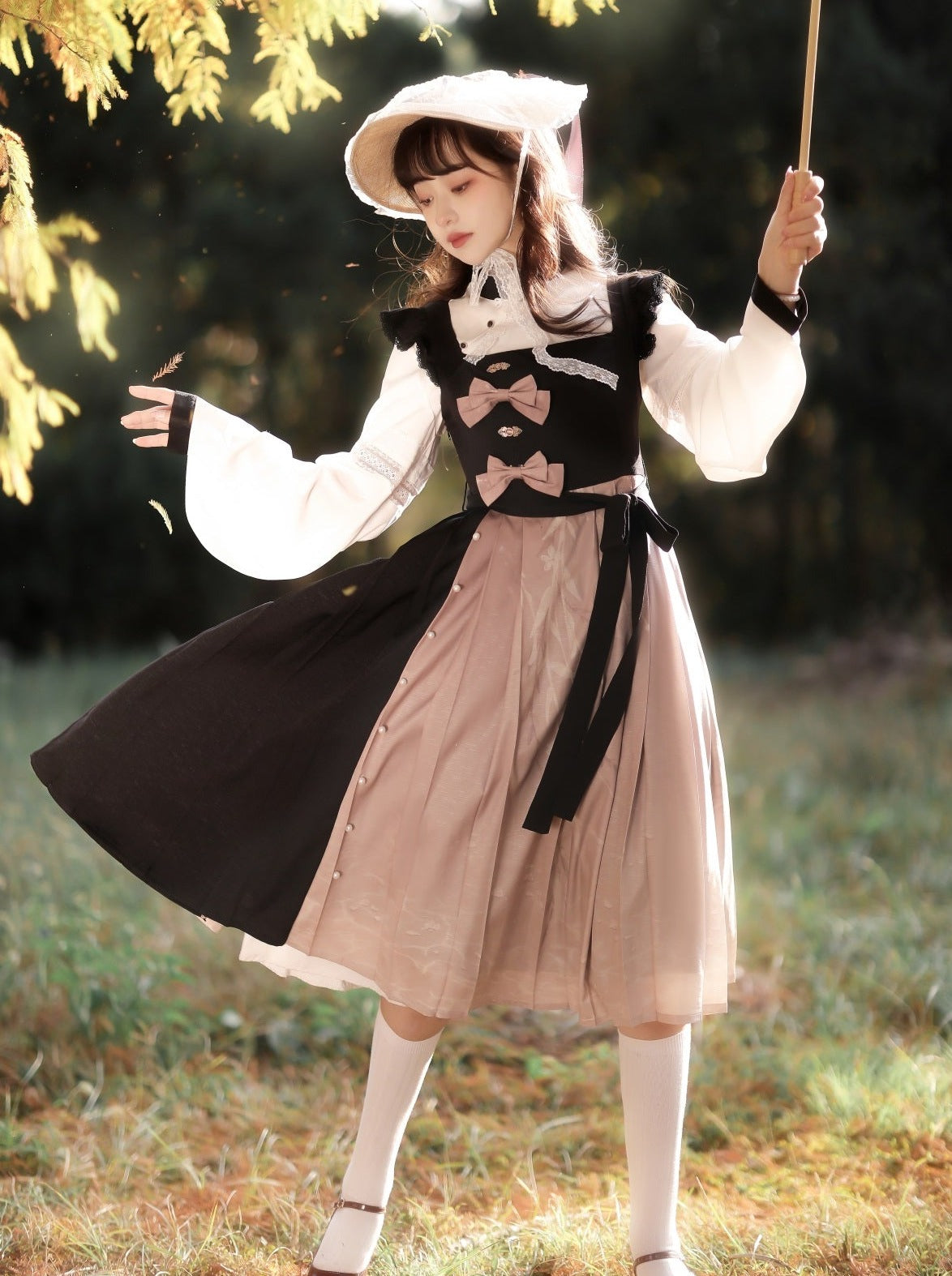 China Bow Suspender Skirt + Balloon Sleeve Blouse