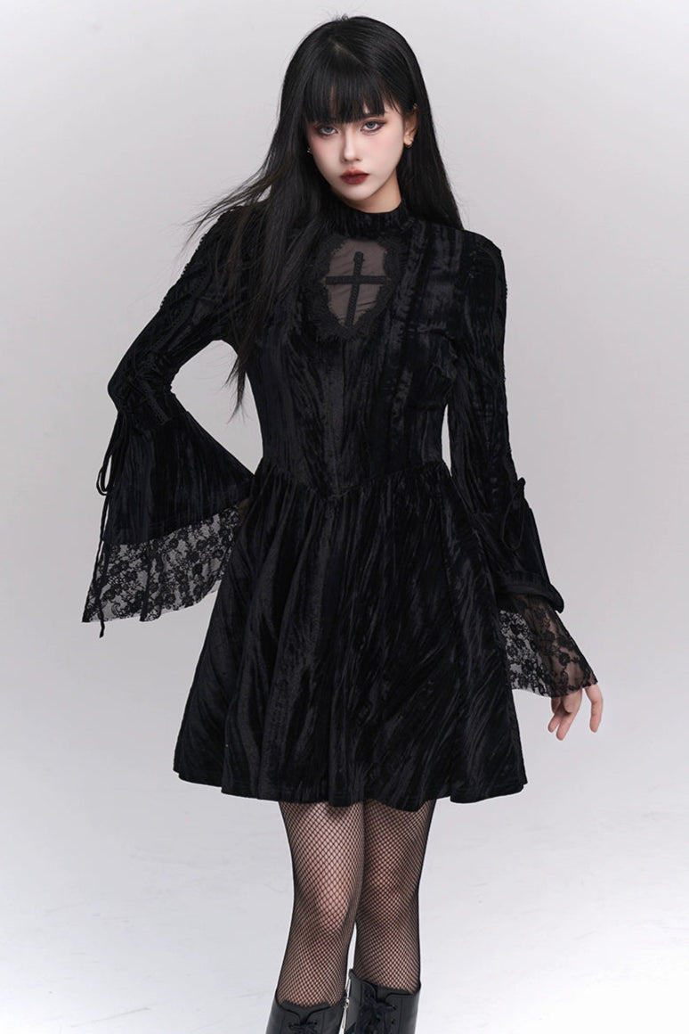 Retro Gothic Black Velvet Dress