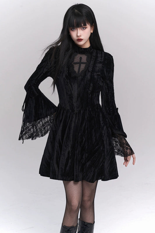 Retro Gothic Black Velvet Dress