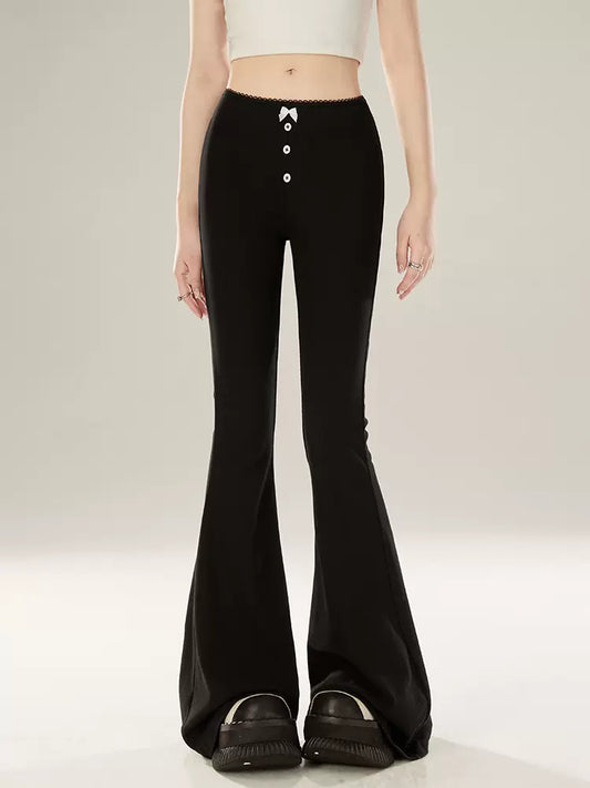11SH97 Black Flared Pants Women's Spring/Summer Design Sense Bow Button High Waist Slim Slim Casual Pants