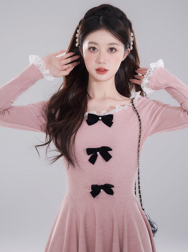 Knit Double Bow Flared Elegant Dress