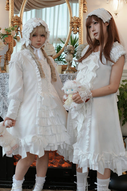 [November 15 Reservation Deadline] White Doll Style Front & Back Two-Way Ruffle Ribbon Lolita Dress (Short/Long) + Matching Shorts (Short/Long) + BB Hat