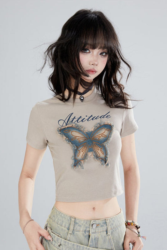 Retro Butterfly Shoulder Cropped T-shirt