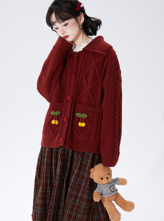 Retro Cherry Cable Knit Cardigan