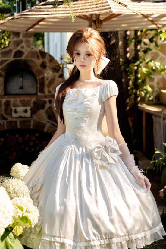 [Pre-order Deadline: August 8] Elegant Silver Satin Lolita Romantic Ribbon Dress Set