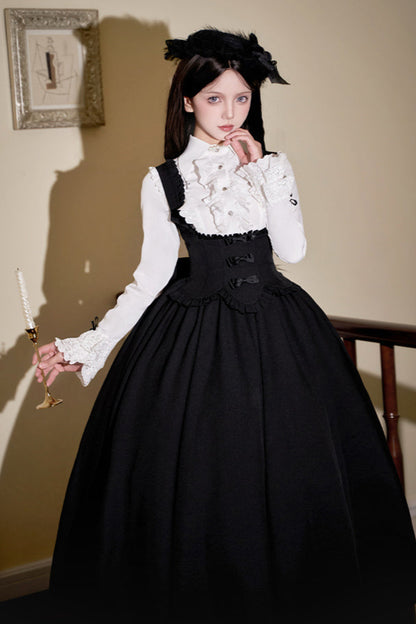 [Reservations] Dark Gothic Doll Long Suspender Lolita Skirt + Big Ribbon Tail + Ruffle Shirt + Ruffle Collar