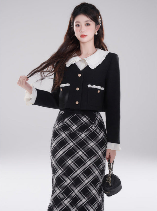 High-end ruffle collar layered short padded jacket + checked skirt