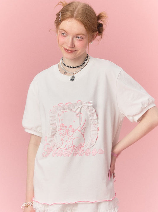 Loose Round Neck Girly Cat Frill Top