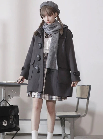 College Style Horn Button Coat Wool Coat