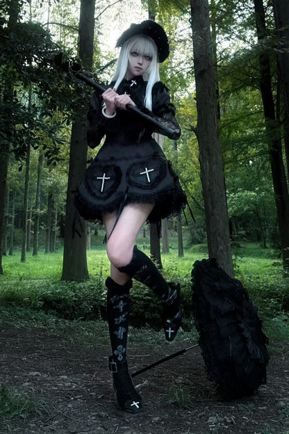 【12月6日予約締切】Night Crossダークエレガントゴシックロリータジュエルリボンケープ＋ショートドレス