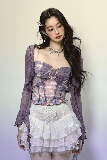 Dark purple lace cardigan + retro design tube top