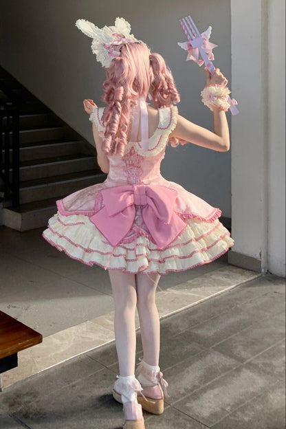 【12月17日予約締切】ピンクフローラルスイートロリータティアードドレス＋うさ耳ボンネット＋アクセサリー