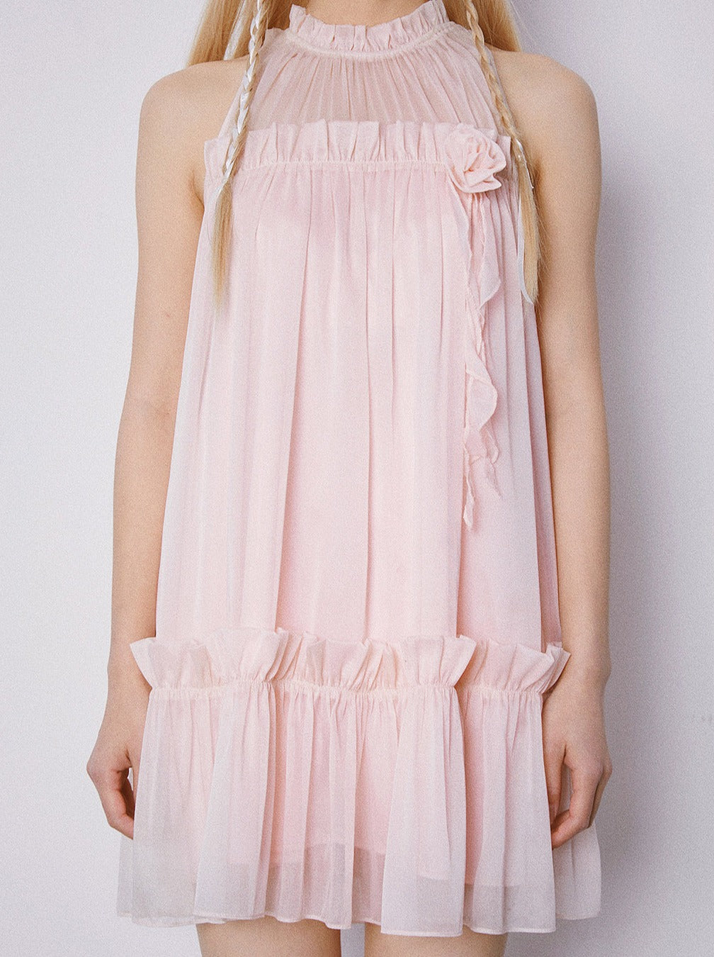 Music Box Peach Pleated Babydoll Sleeveless Dress