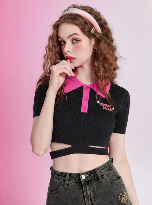 ヒットカラーバイカラーポロニットトップス