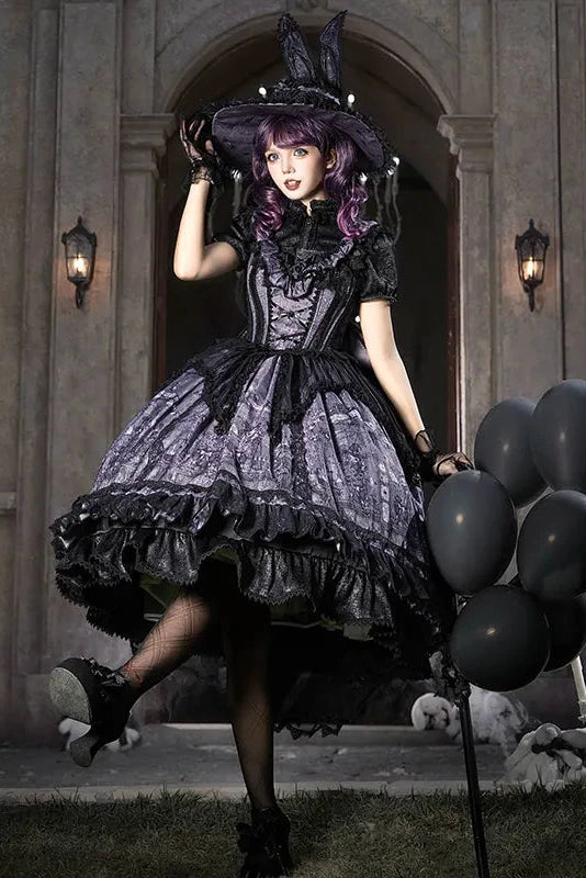 【10月30日予約締切】Purple Black Gothic Lolita Witch Print Frill Bustier Dress