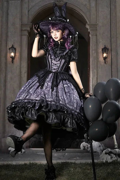 【10月30日予約締切】Purple And Black Gothic Lolita Dress Complete Set [Bunny Ear Hat Version/Witch Hat Version] (Witch Print Bustier Dress + Black Short-Sleeved Blouse + Bat Wing Back Train + Detachable Princess Sleeves)
