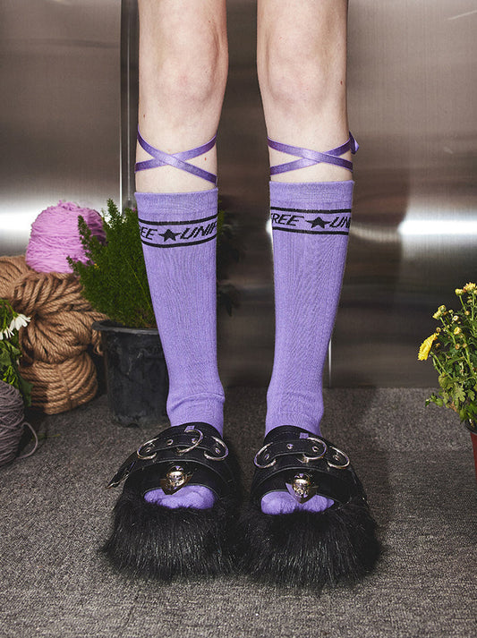 Cross Ribbon Strap Logo Purple High Socks 