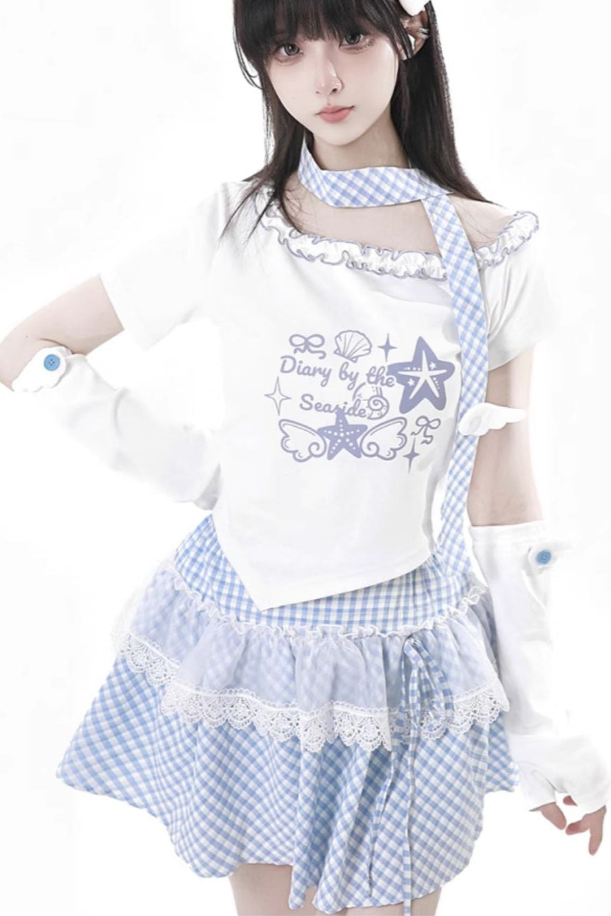 パステルスイートツインスカーフ付きTシャツ＋パフスカート＋アームカバー