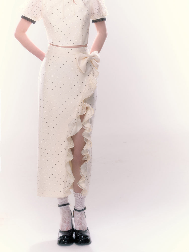 Silk Dot China Puff Sleeve Top + Ruffle Slit Long Skirt