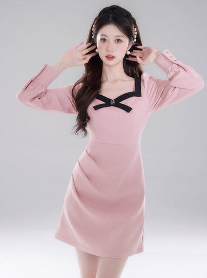 French Square Collar Pink Waist Bow Dress