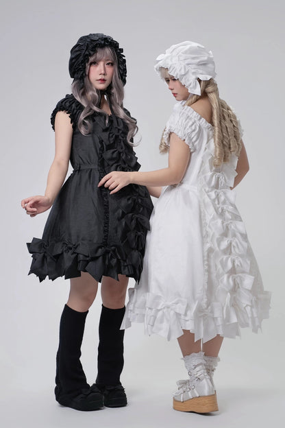 [November 15 Reservation Deadline] Black Gothic Doll-Style Front-And-Back Two-Way Ruffle Ribbon Lolita Dress (Short/Long) + Matching Shorts (Short/Long) + BB Hat