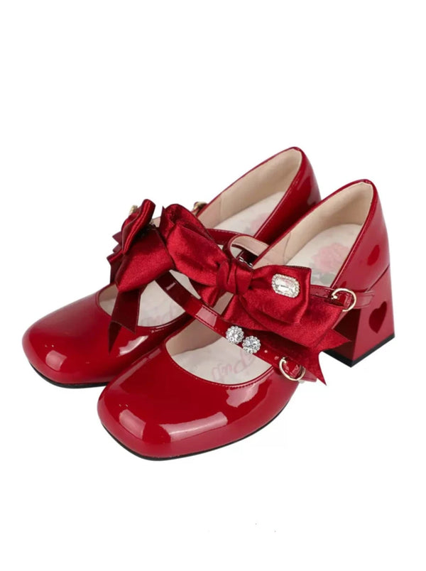 Ribbon Open Heart High Heel Lolita Shoes [Jewel Ribbon, Normal Ribbon].