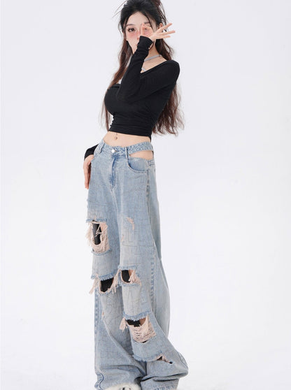 Waist Design Damaged Denim Pants