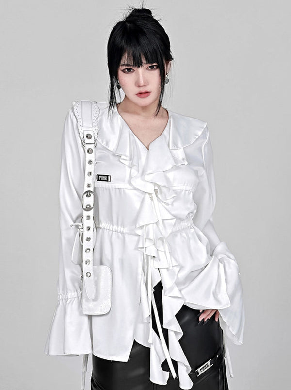 Ruffled Edge Rae Flare Sleeve Drawstring Silk Shirt