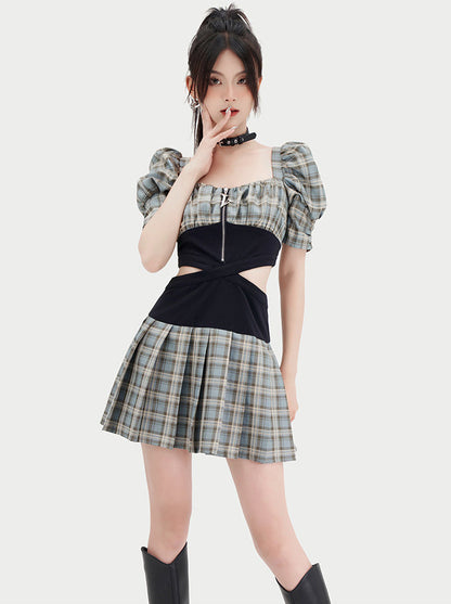 Cool Spicy Square Neck Split Check Dress