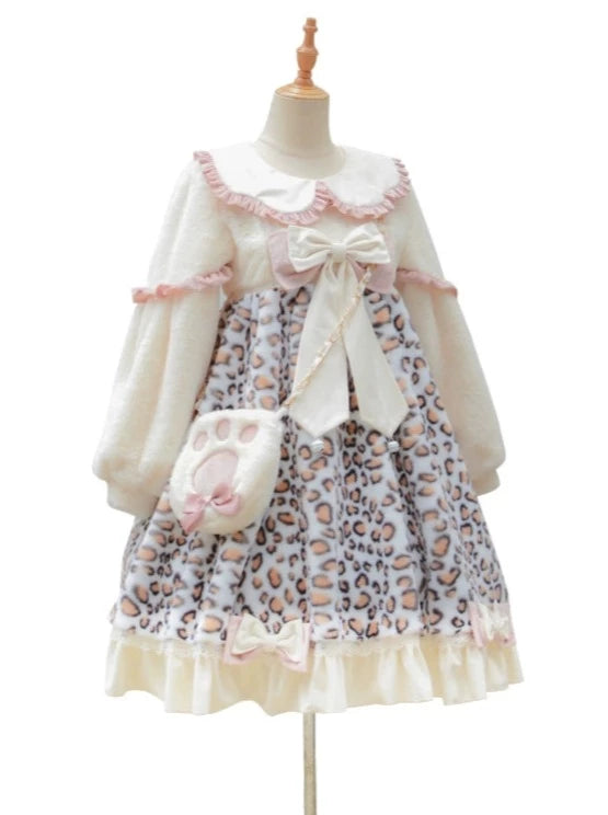 Sweet Ruffle Leopard Dress + Cat Hand Fur Bag