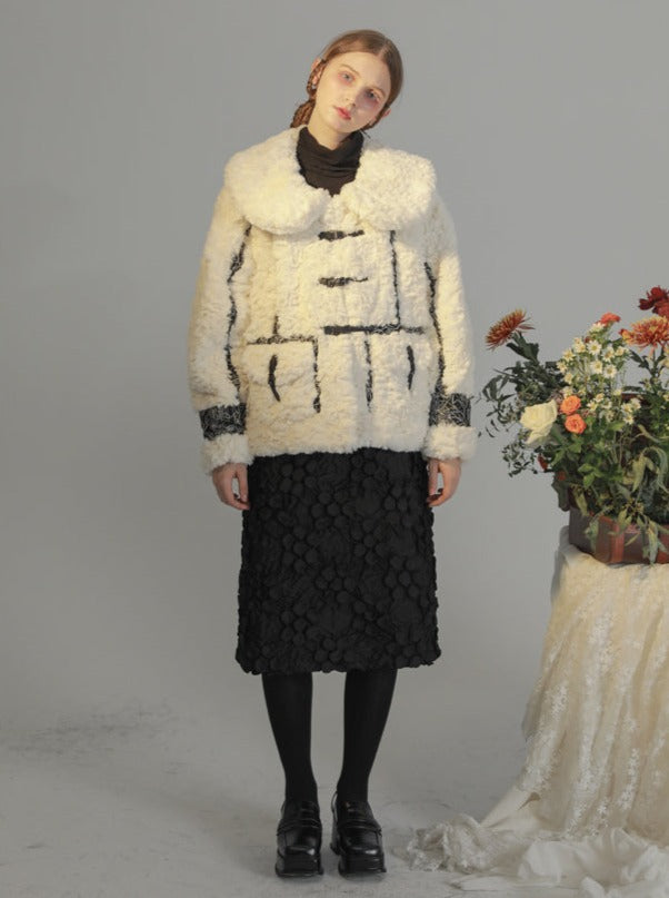 High Neck Color Jacquard Seam Fur Coat