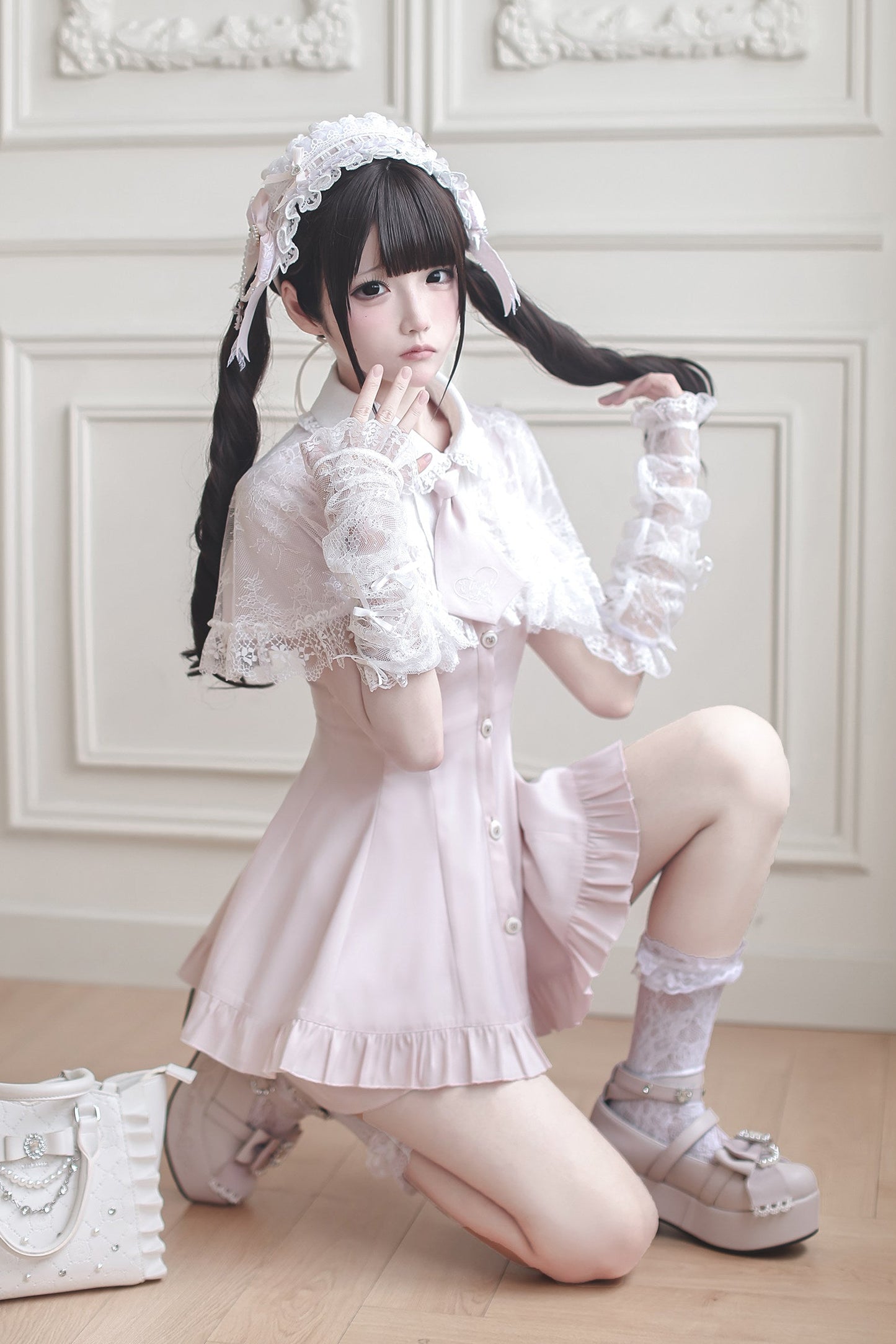 [Pre-order Deadline: May 15] Pink Lace Cape Design Tie Color Dress Suit Full Set + Accessories
