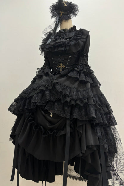 ゴシックスーパーゴージャスジスリーブロリータシャツ+フリルスカート+ハット