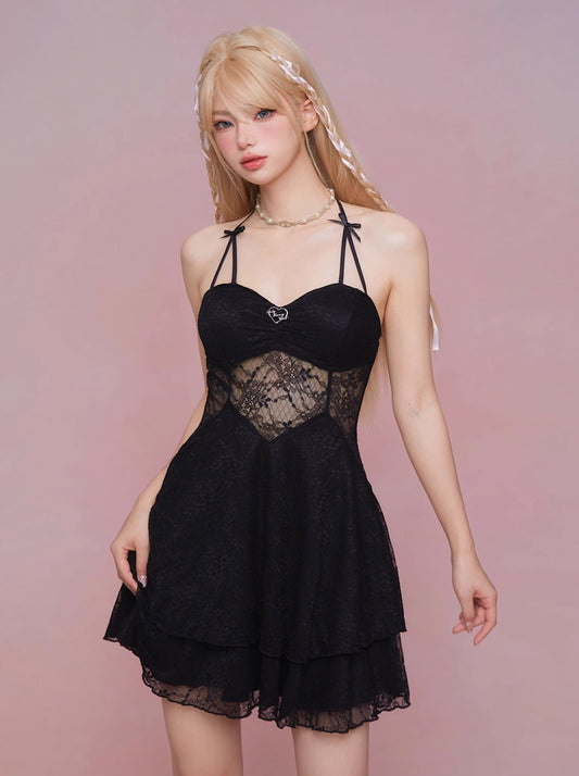 GirlyFancyClub's sultry black rose 'black sexy sheer cut-out lace waist slip dress).