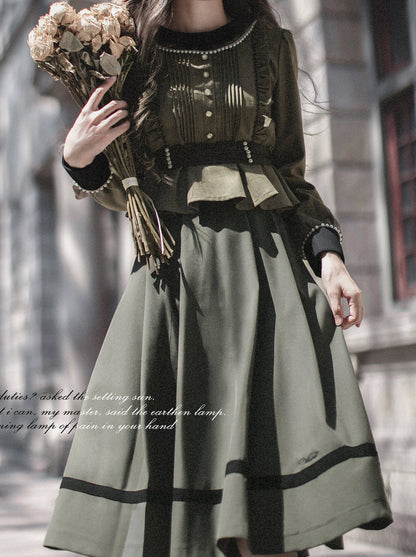 Mist Note Moss Green Suit Vintage Pearl Color Ruffle Top + Skirt + Pearl Waist Belt Ribbon