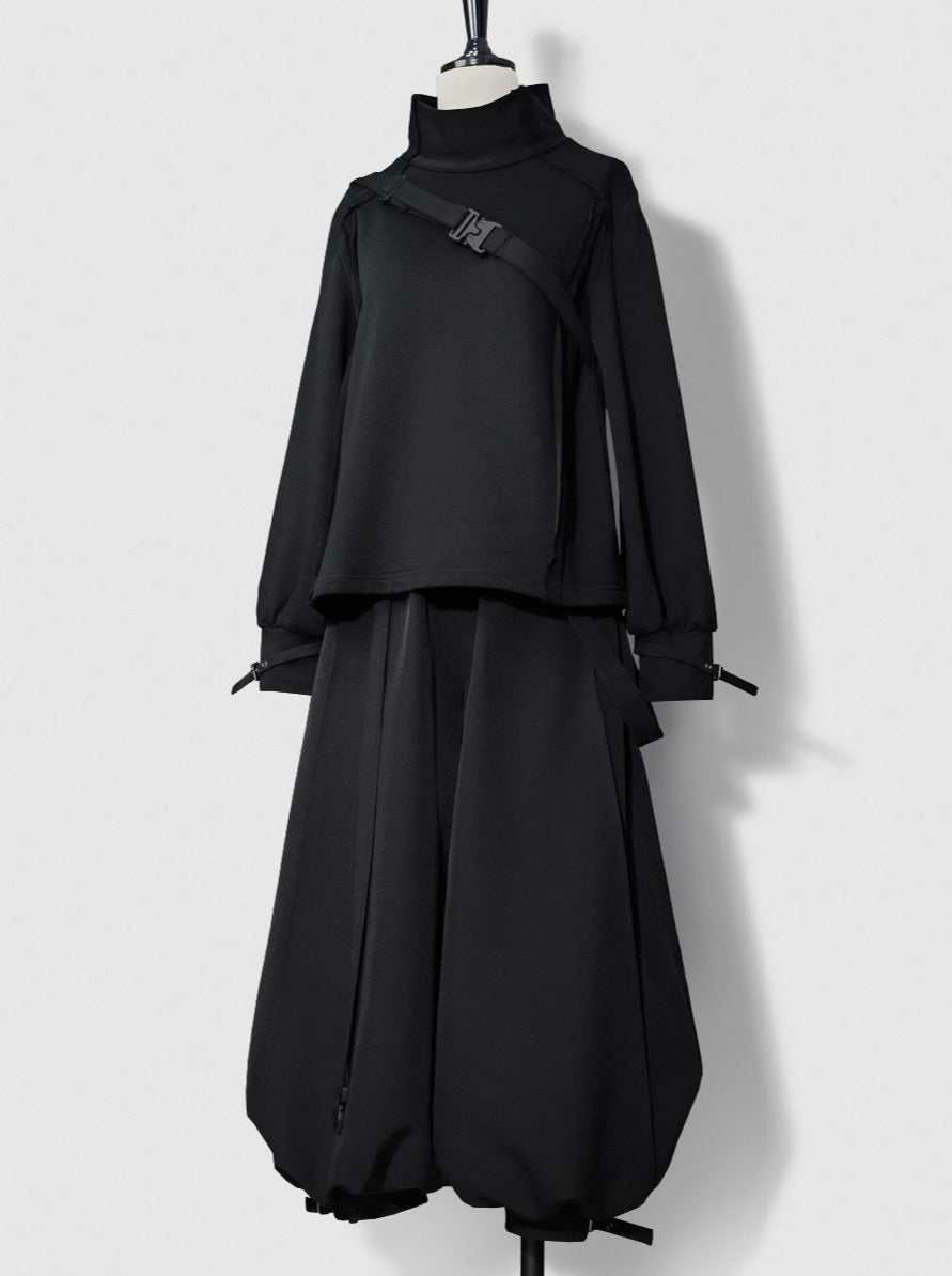 Dark cool jacket + cropped pants + hooded shawl