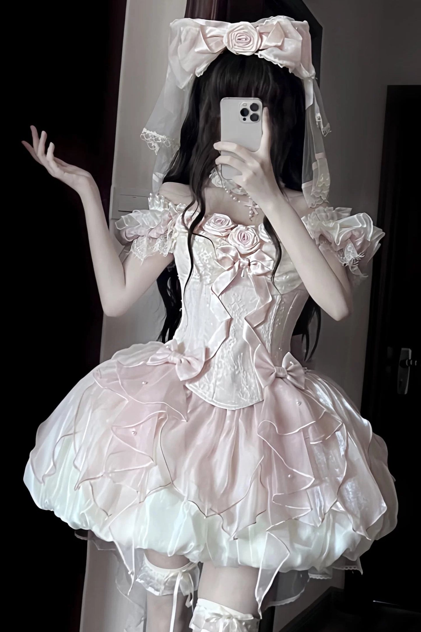 【9月6日予約締切】Romantic Rose Ballet Lolita Series Accessories（Rose Lace Veil Lolita Headpiece＋Lace Pearl Bow Choker）