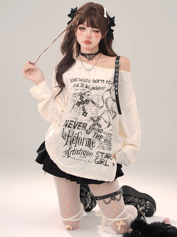 オフショルダープリントルーズロンT