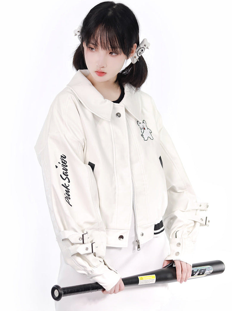 A Line Puppy Faux Leather Casual Embroidered Motorcycle Jacket