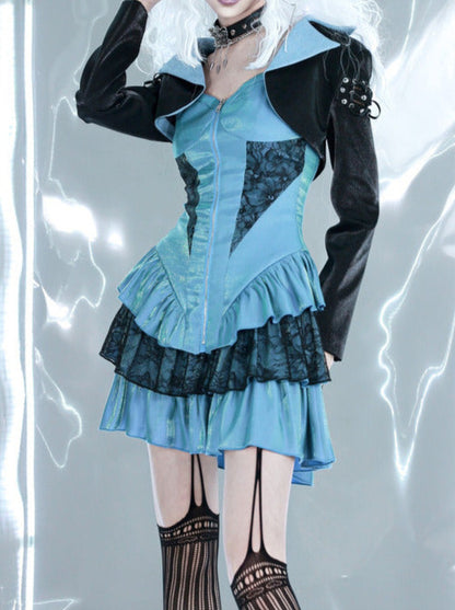 Y2K Virtual Track Cool Punk Suspender Tiered Dress