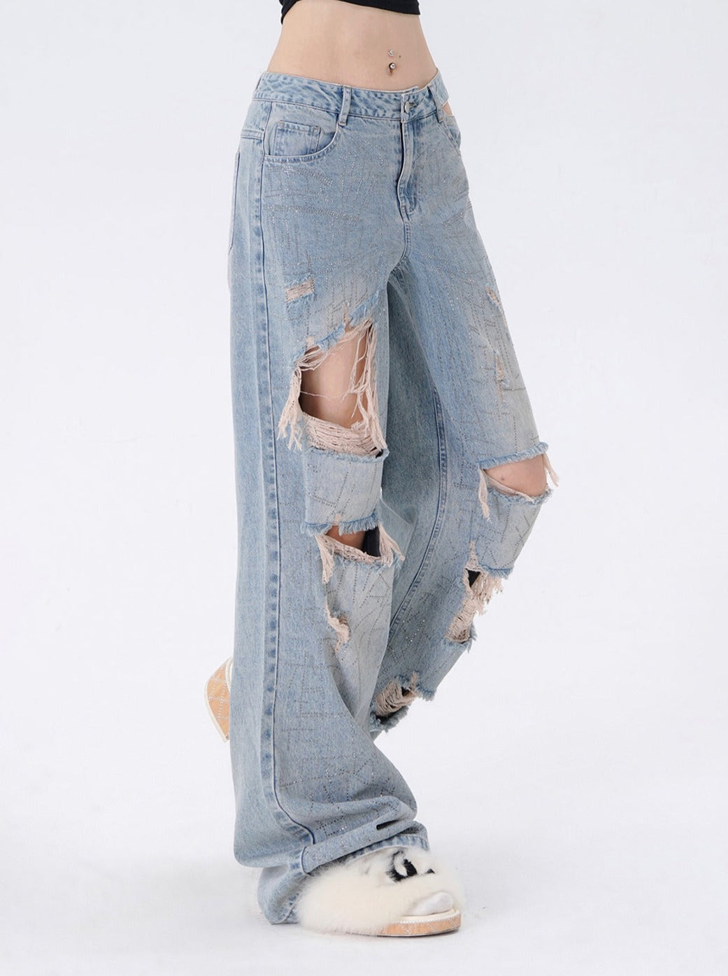 Waist Design Damaged Denim Pants