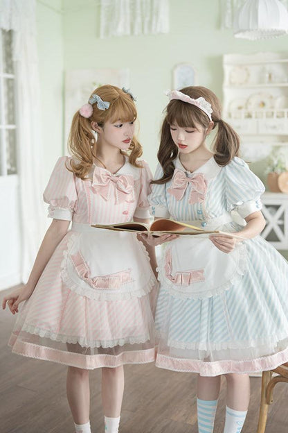 [Reservation product] Pastel Color Striped Sweet Ribbon Dress