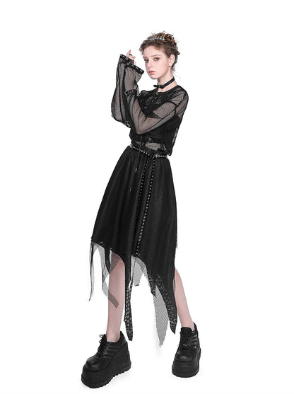 Mesh Sheer Metal Cross Lace-Up Mode Long T