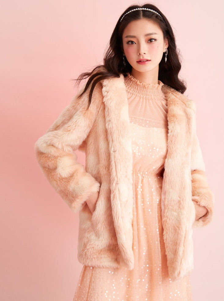 Sugar Cream Orange Rabbit Faux Fur Coat