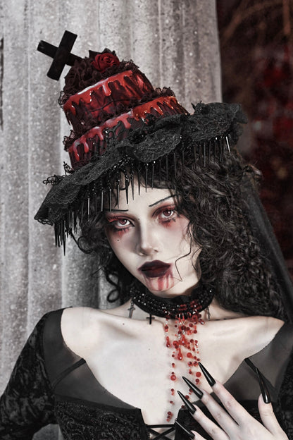 Blood Supply Original ◆ Crimson Blood Peak Gothic Dark Cake Cap Grotesque Mesh Tail Hat Accessory