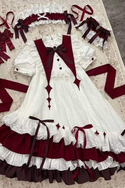 【8月29日予約締切】White x Burgundy / Blue x Black Gothic Doll Lolita Witch Asymmetrical Ruffle Dress Full Set （with Pointed Collar + Bow Tie + Waist Belt）